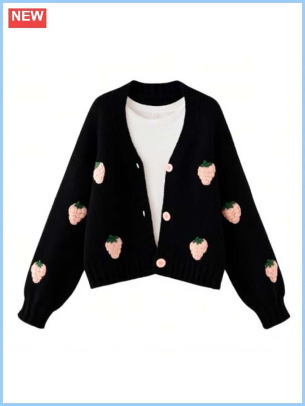 Kawaii Strawberry Embroidered Chunky Knit Cardigan V-Neck Button